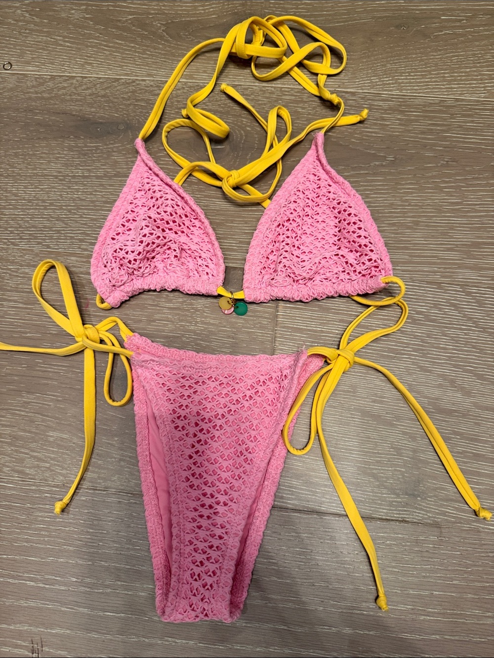 Dippin' Daisy's Pink Crochet Bikini with Yellow Ties- Xs bottom, L top